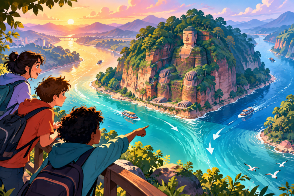 Editorial artwork for “Why place a giant Buddha by three rivers?”: wide schematic of rivers, cliff and statue, labelled interpretive, with.