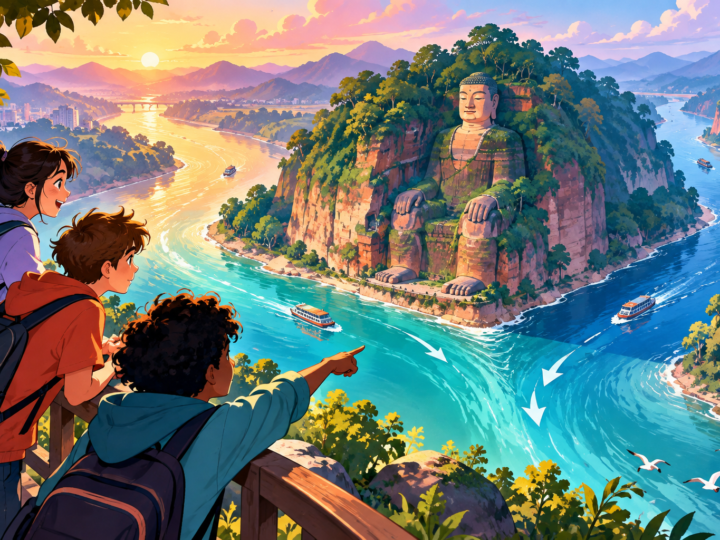 Editorial artwork for “Why place a giant Buddha by three rivers?”: wide schematic of rivers, cliff and statue, labelled interpretive, with.