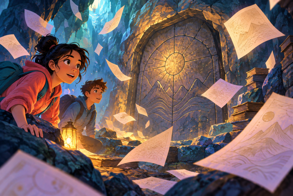 Editorial artwork for “What was hidden in the Library Cave?”: closed cave doorway and floating pages without legible invented script.