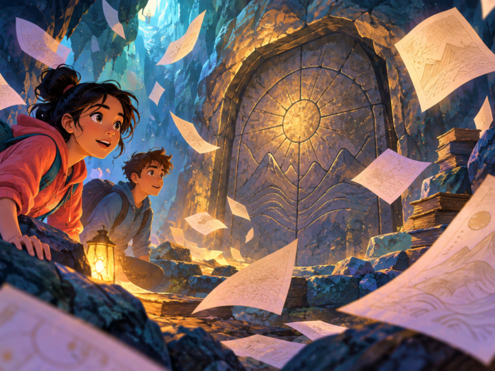 Editorial artwork for “What was hidden in the Library Cave?”: closed cave doorway and floating pages without legible invented script.