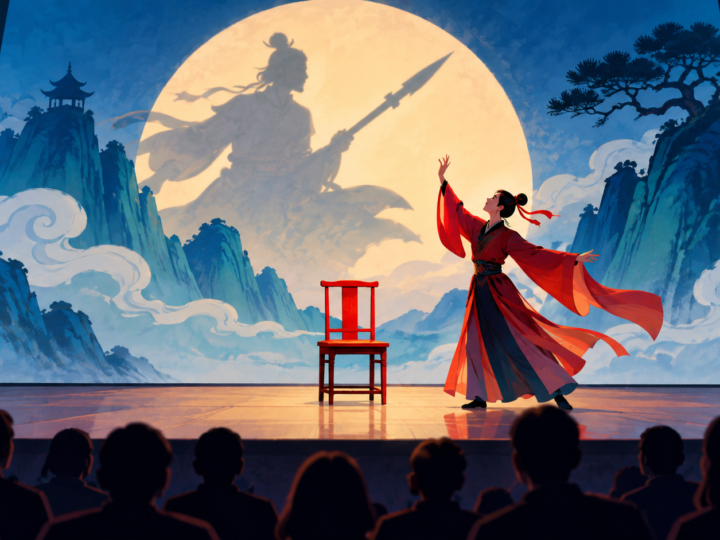 Illustration for “Why does an opera need so little scenery?”: fictional minimal theatre stage with one prop and expressive silhouettes.
