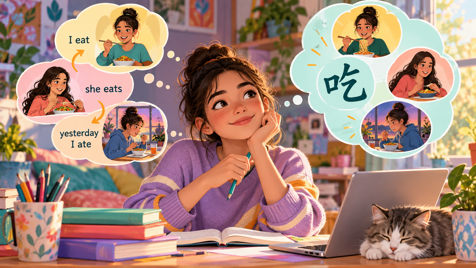 Illustration of a learner comparing English and Mandarin verb forms