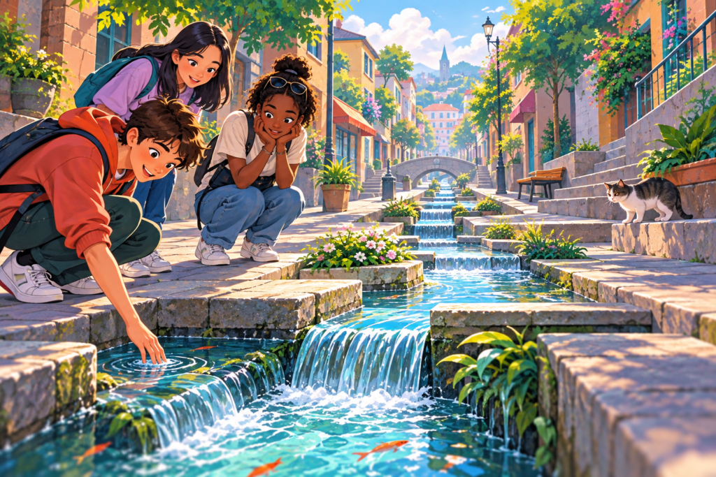 Editorial artwork for “Why are there streams in the streets?”: water-channel street diagram.