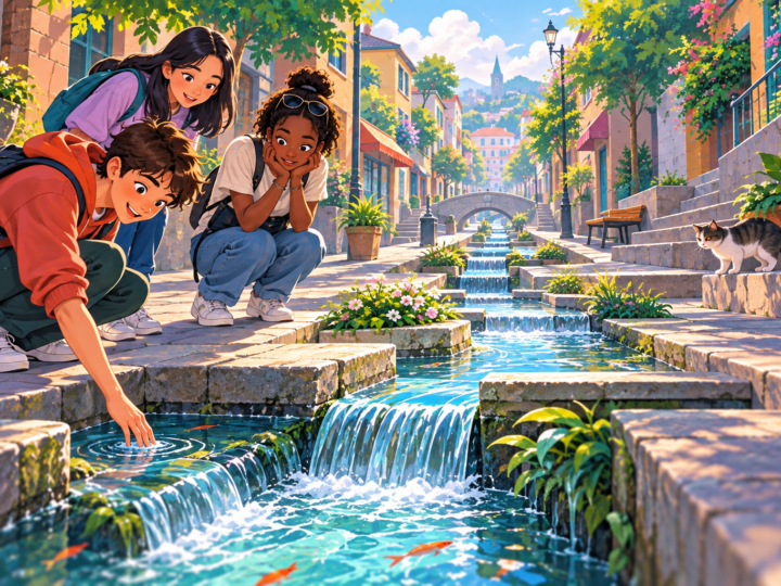 Editorial artwork for “Why are there streams in the streets?”: water-channel street diagram.