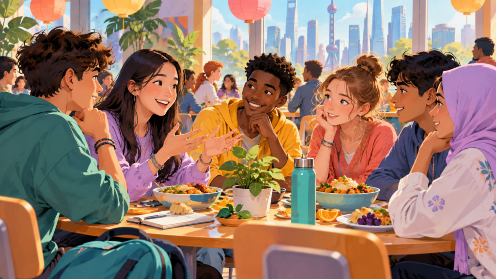 Illustration of young people meeting at a friendship camp