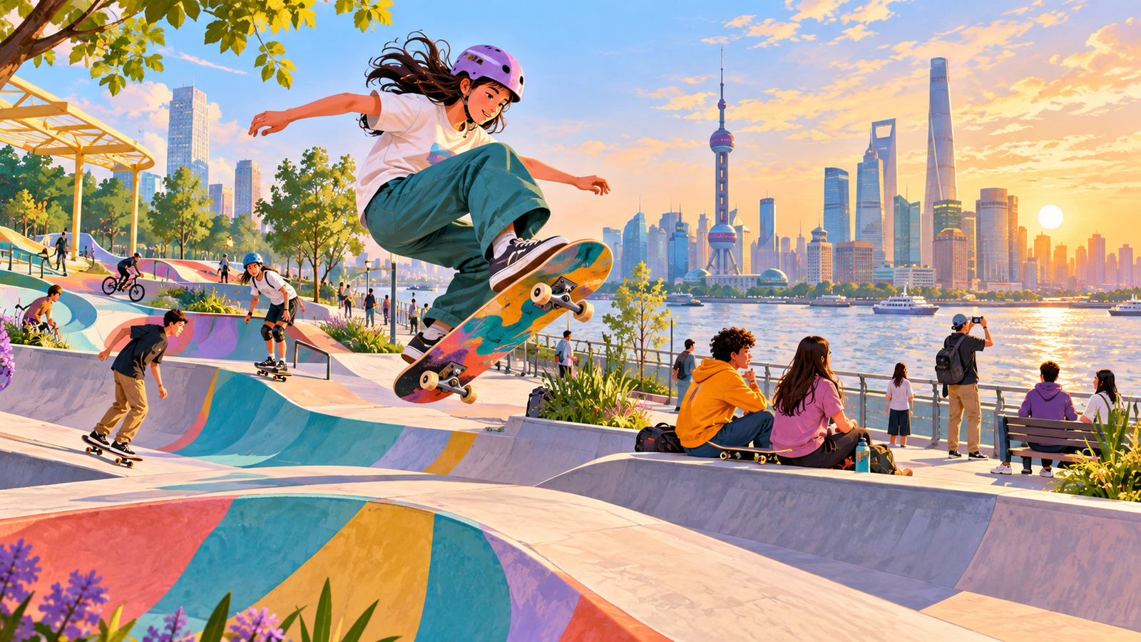 Illustration of a riverside skatepark
