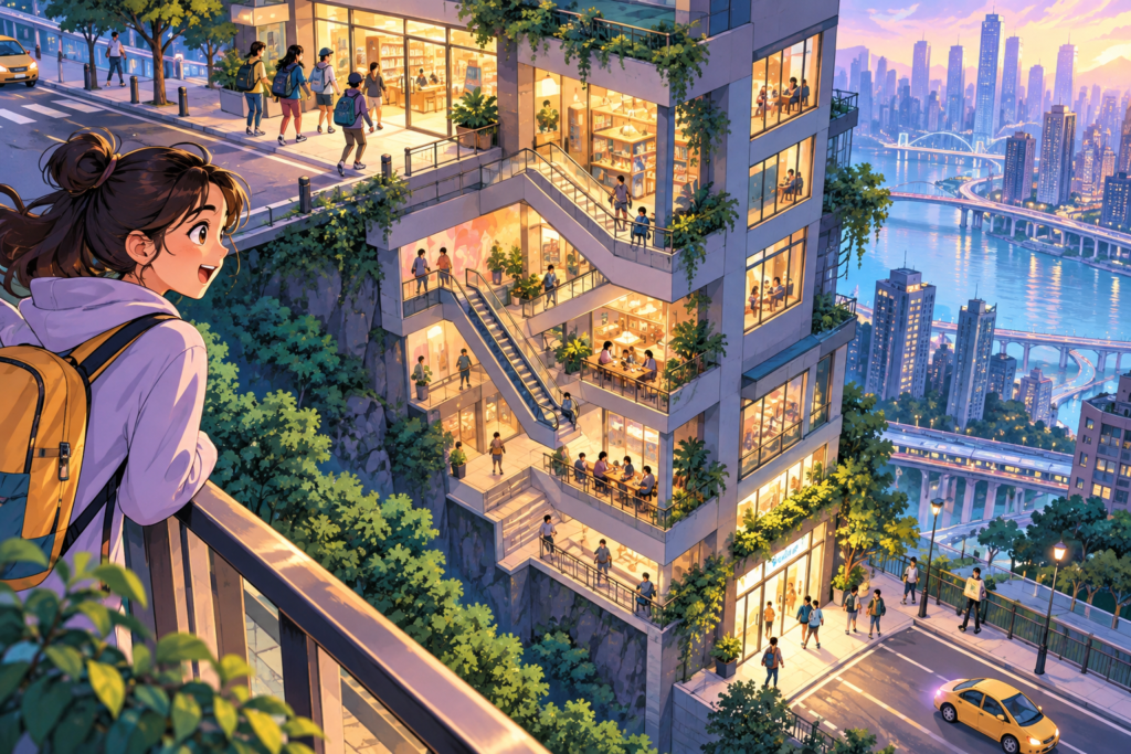 Editorial artwork for “Where is the ground floor in Chongqing?”: isometric building with two street entrances, illustrative rather than mapped.