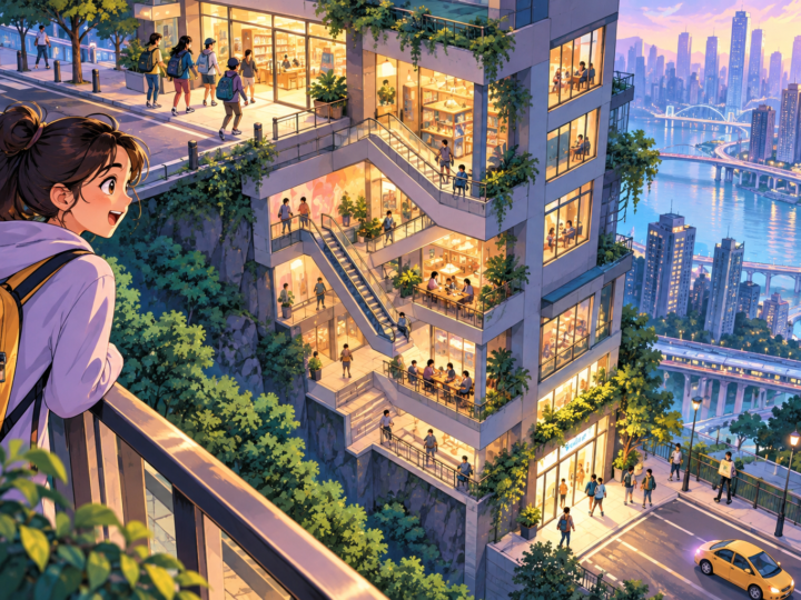 Editorial artwork for “Where is the ground floor in Chongqing?”: isometric building with two street entrances, illustrative rather than mapped.