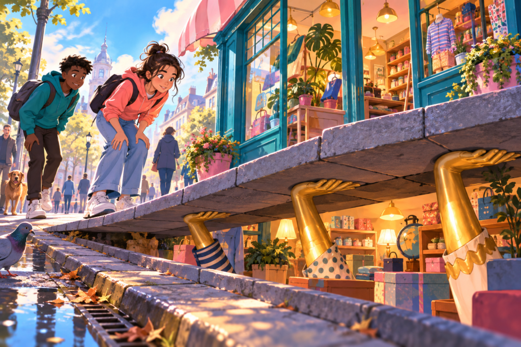 Editorial artwork for “Why do shops hold up the pavement?”: street-section drawing showing walkway and shop.