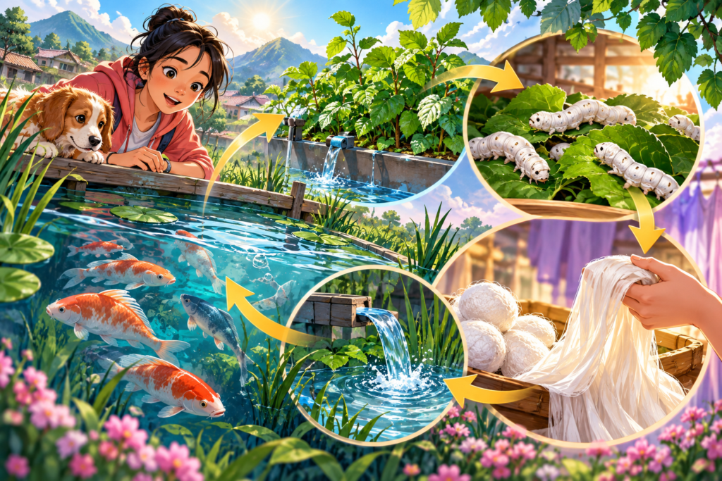 Editorial illustration of the connections between mulberry trees, silkworms and fish ponds.