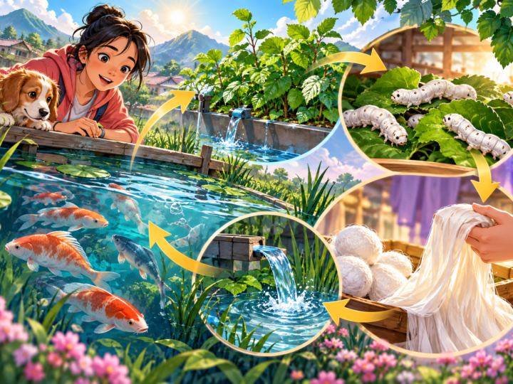 Editorial illustration of the connections between mulberry trees, silkworms and fish ponds.