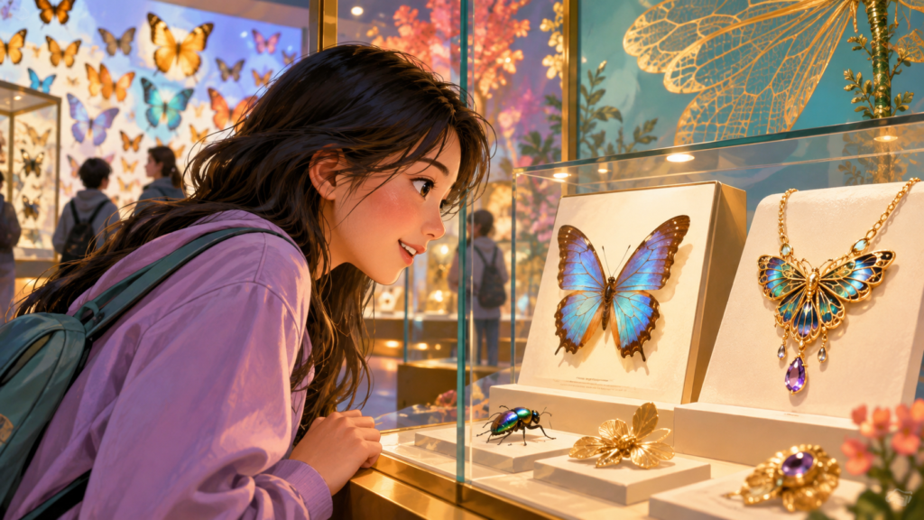 Illustration of insect-inspired jewellery in a display