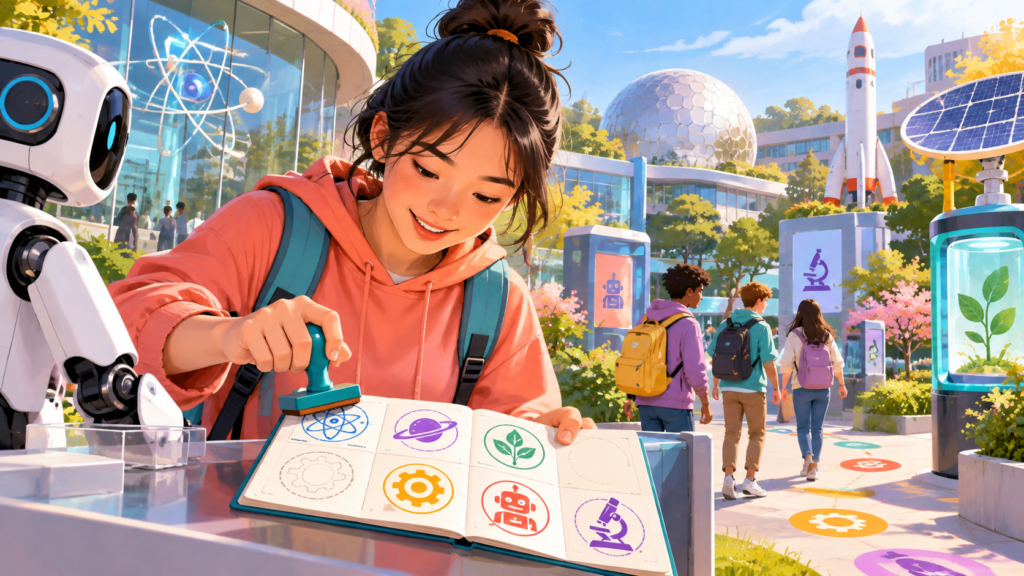 Illustration of a science-park visitor collecting stamps
