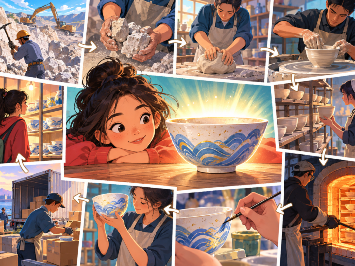 Editorial artwork for “How many people make one bowl?”: multi-panel workshop illustration.