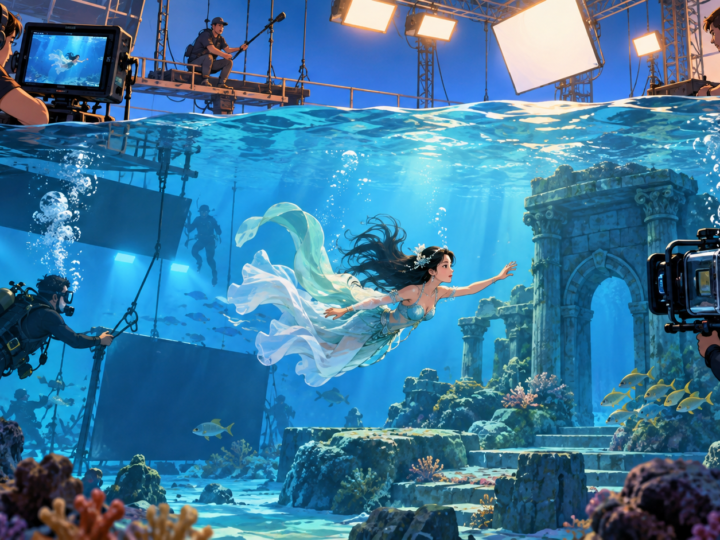 Illustration for “What could an underwater film studio do?”: fictional cross-section of a water tank film set with crew and lights, not a real Qingdao facility.