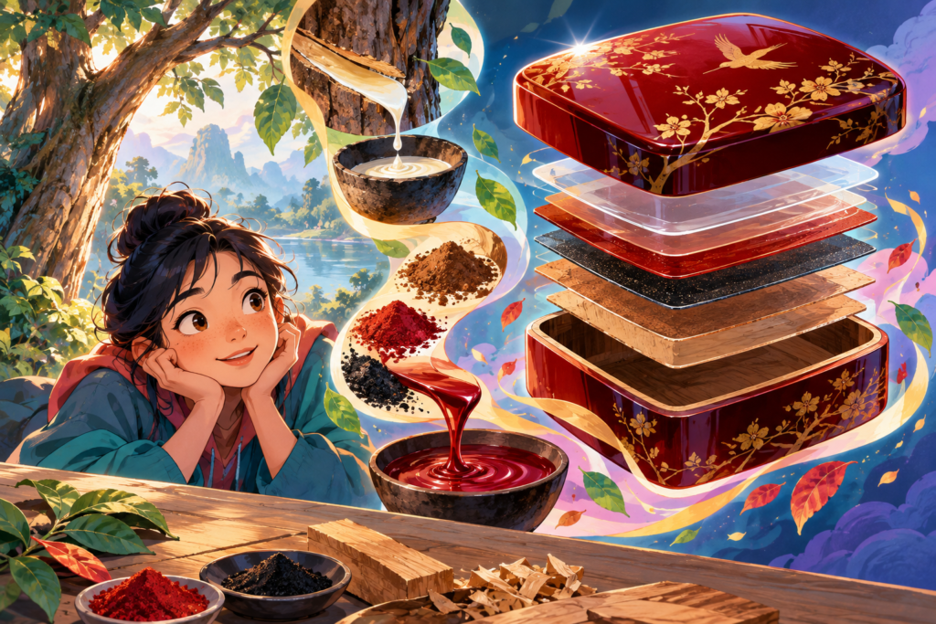 Editorial artwork for “Can a tree become a shiny box?”: layered cutaway of a lacquer object.
