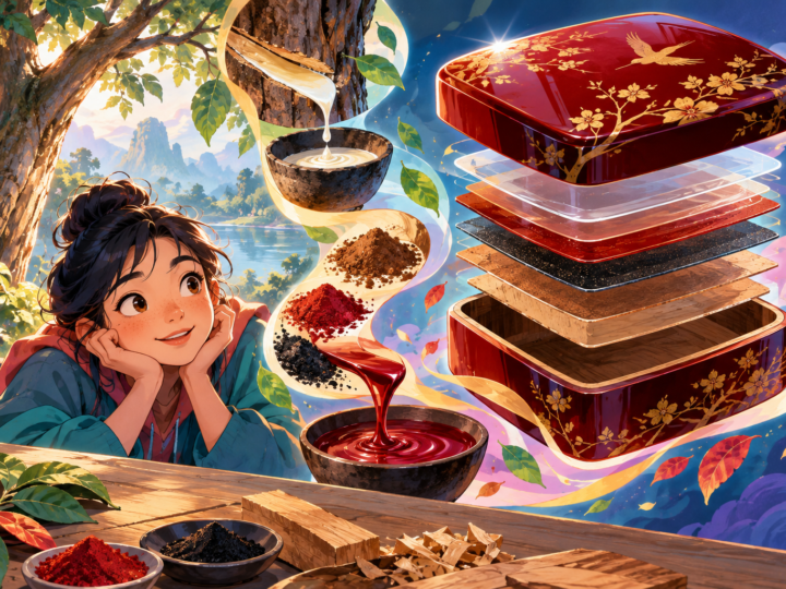 Editorial artwork for “Can a tree become a shiny box?”: layered cutaway of a lacquer object.