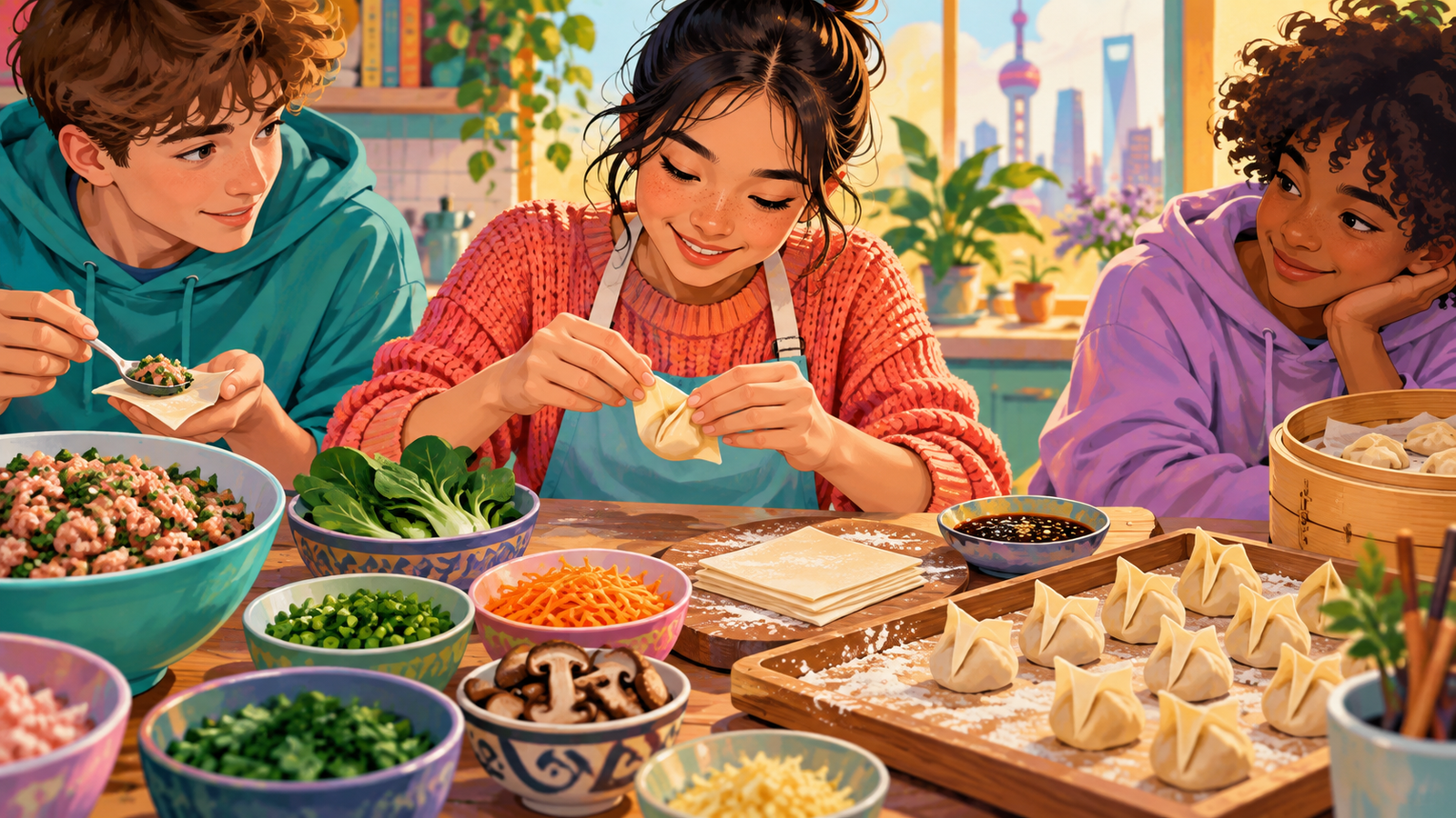 Illustration of wontons with different fillings