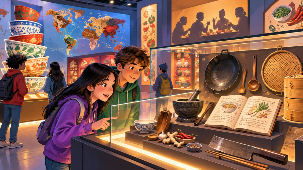 Illustration for “Would you go to a museum about dinner?”: fictional bright food museum display of tools and recipe notes, no real museum reconstruction.