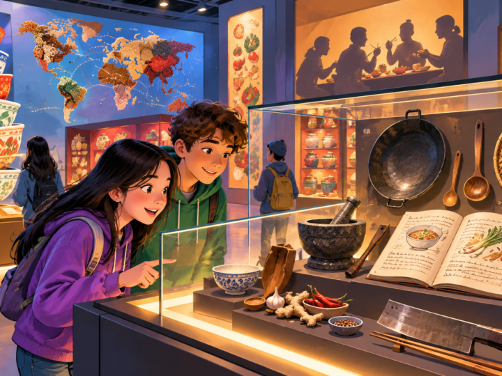 Illustration for “Would you go to a museum about dinner?”: fictional bright food museum display of tools and recipe notes, no real museum reconstruction.