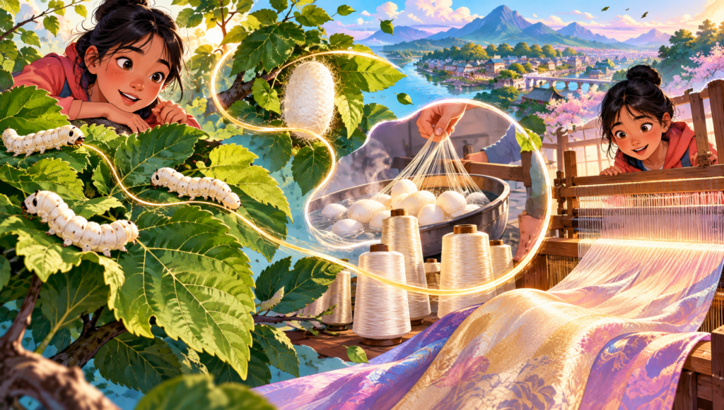 Editorial artwork for “How much work is inside a silk thread?”: thread journey from mulberry leaf to loom.