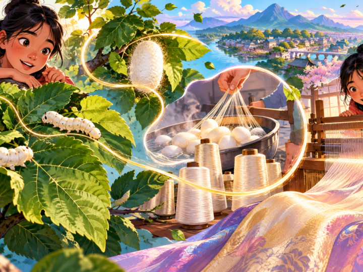 Editorial artwork for “How much work is inside a silk thread?”: thread journey from mulberry leaf to loom.