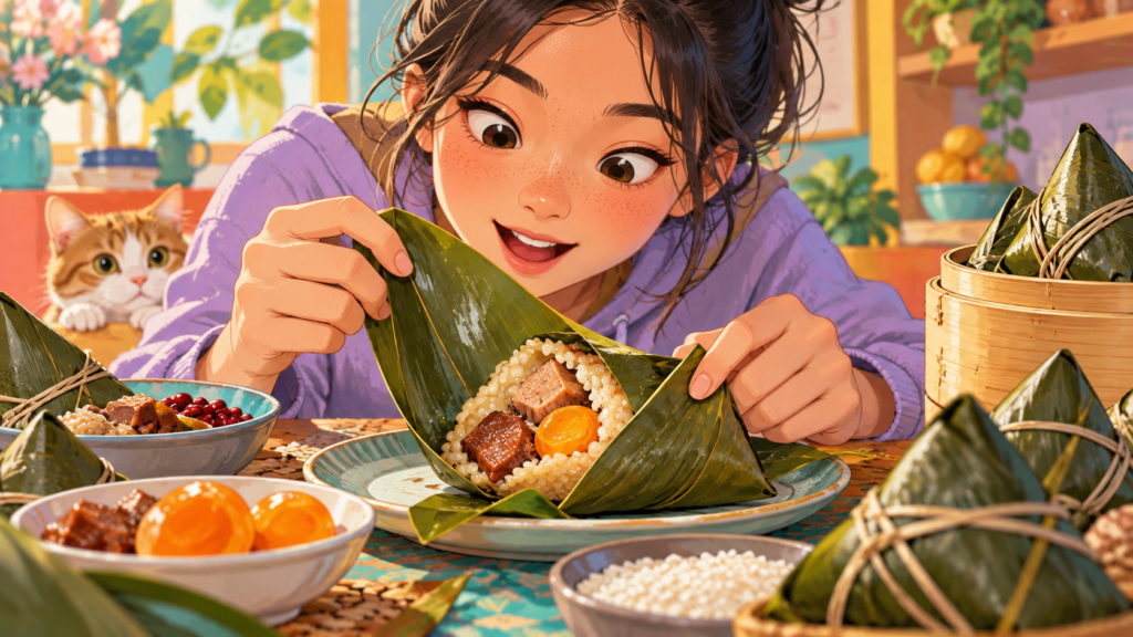Illustration of rice wrapped in leaves