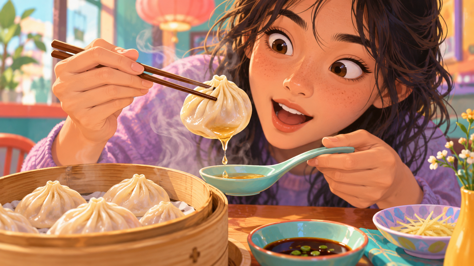 Illustration of a soup dumpling being lifted carefully