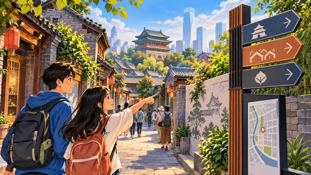 Illustration for “Can you redesign an old city without erasing it?”: illustrated old street and new wayfinding signs side by side, no exact Beijing location.