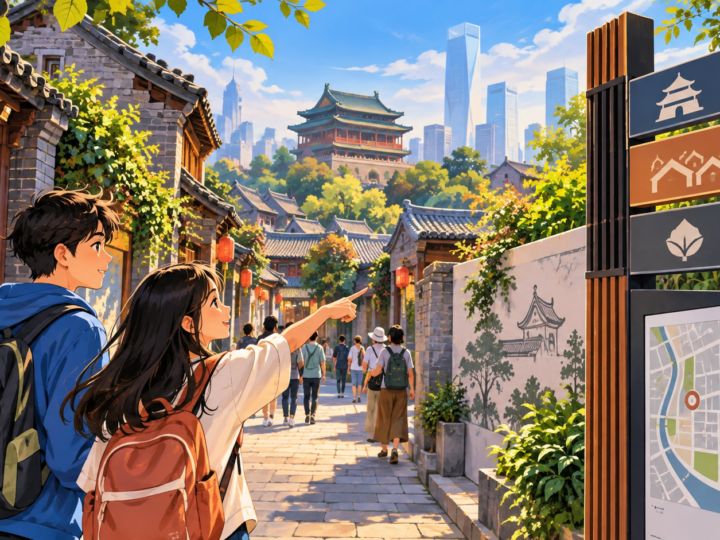 Illustration for “Can you redesign an old city without erasing it?”: illustrated old street and new wayfinding signs side by side, no exact Beijing location.