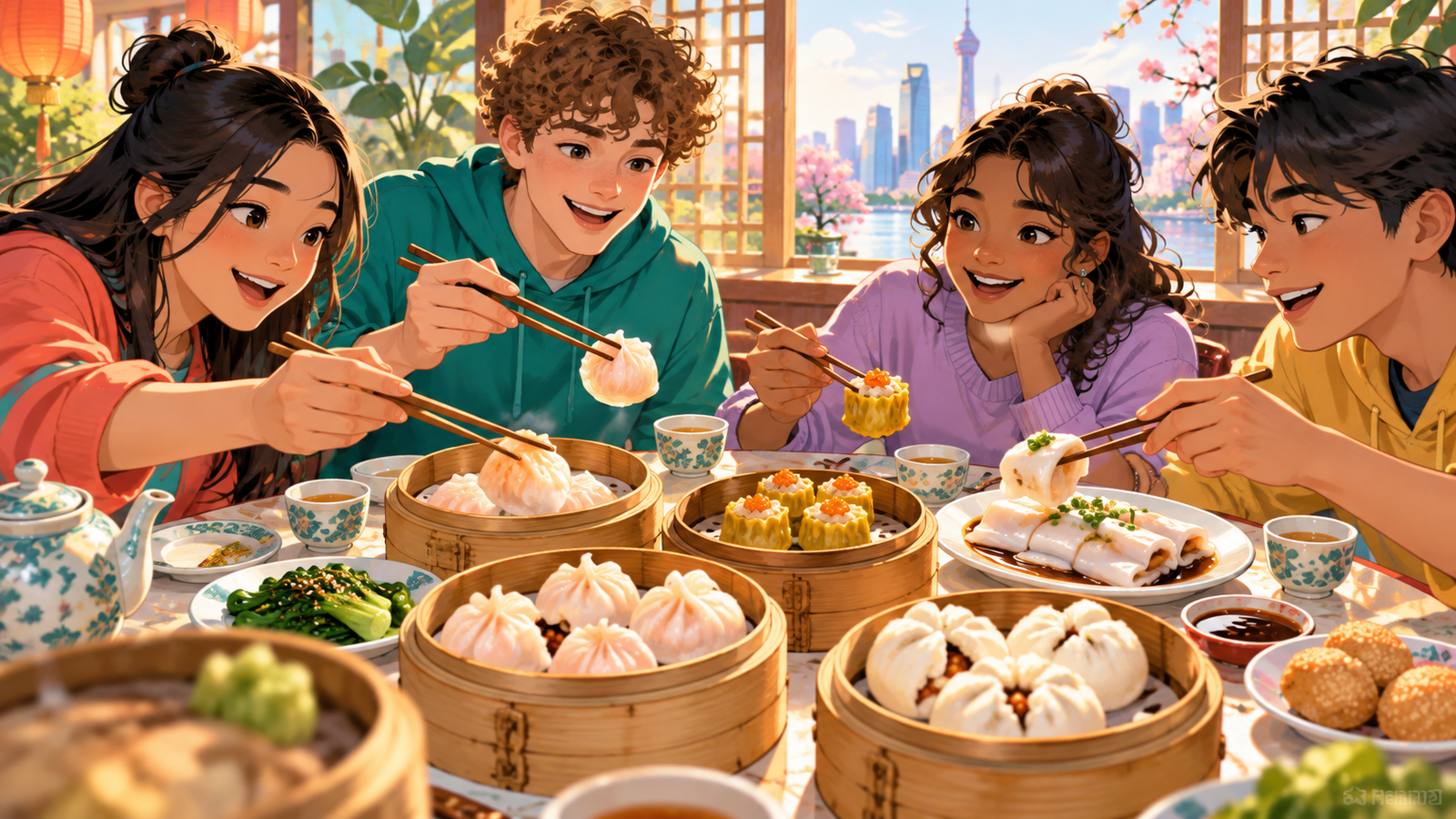 Illustration of a table with several dim sum dishes