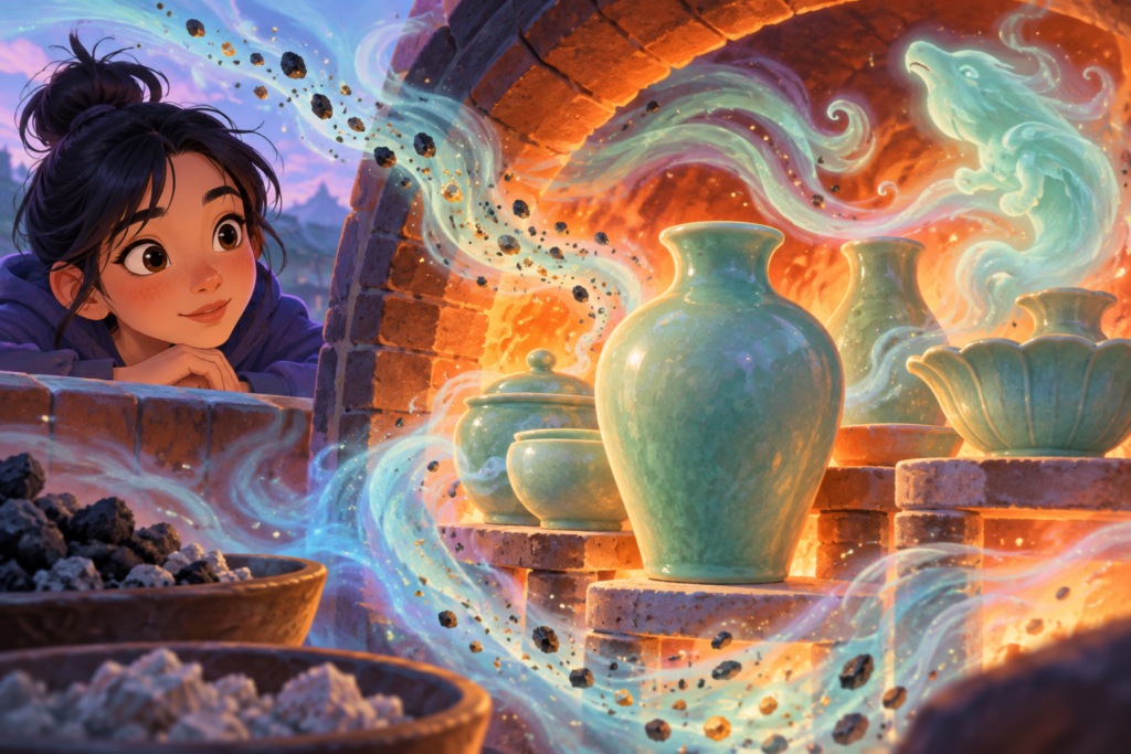 Editorial artwork for “Why is celadon green?”: kiln-atmosphere visualisation.