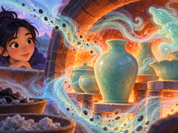 Editorial artwork for “Why is celadon green?”: kiln-atmosphere visualisation.