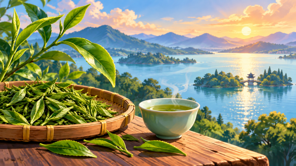Illustration for “Why would a tea have a lake in its name?”: stylised tea leaves beside a lake outline, no claimed plantation photograph.