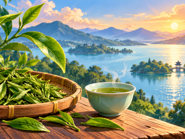 Illustration for “Why would a tea have a lake in its name?”: stylised tea leaves beside a lake outline, no claimed plantation photograph.