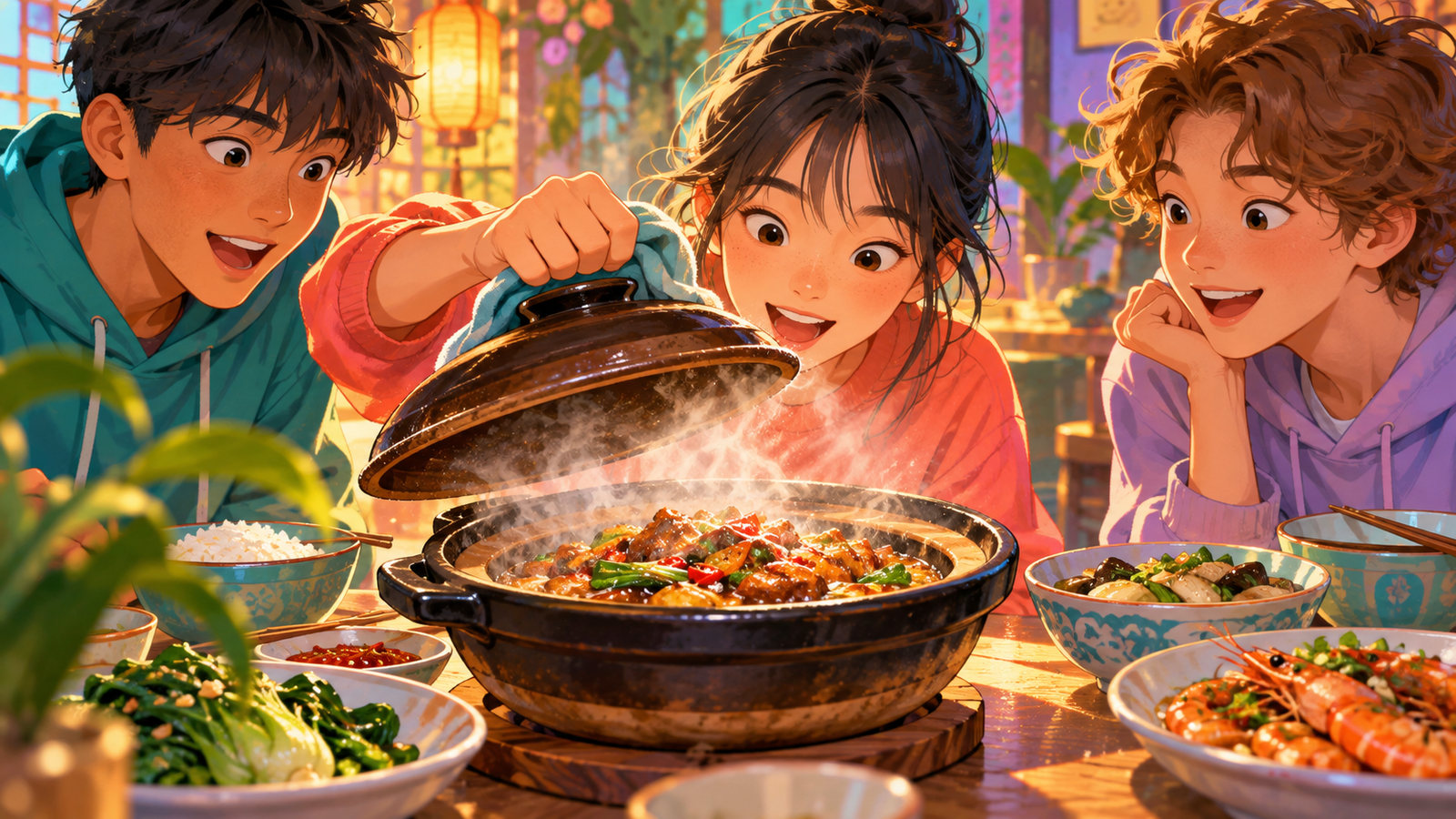 Illustration of a claypot meal arriving at a table