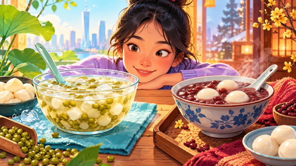 Illustration of a sweet dessert soup in a bowl