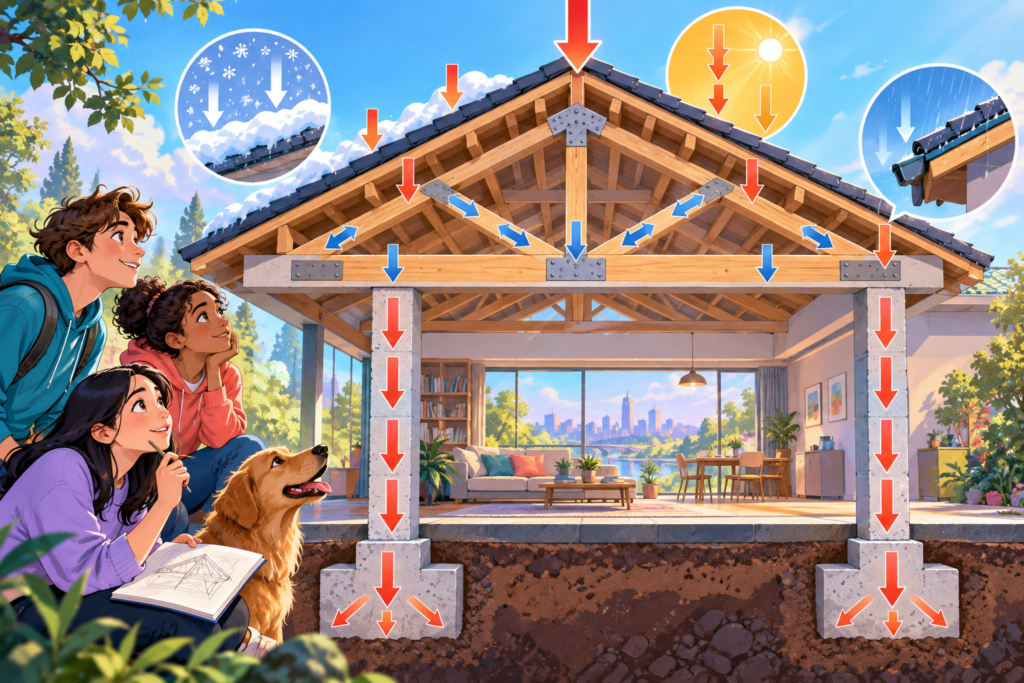Editorial artwork for “What's holding up the roof?”: structural diagram with load arrows.