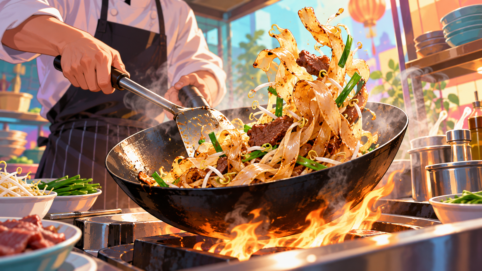 Illustration of a bowl of beef noodles being prepared
