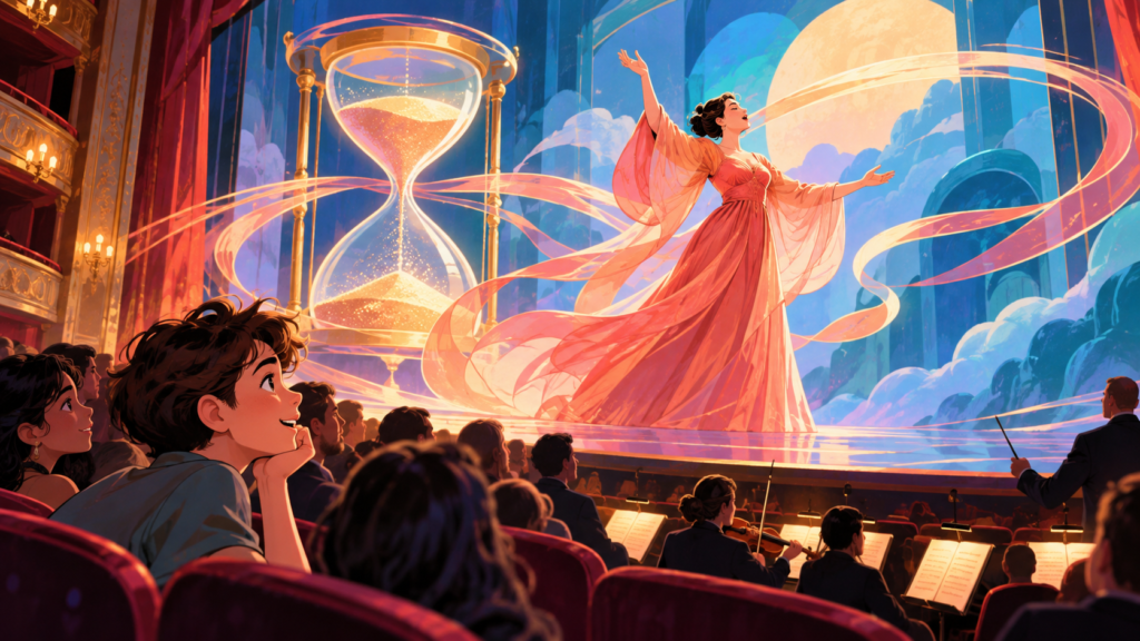 Editorial artwork for “Why does an opera scene take its time?”: abstract stage-and-motion illustration.