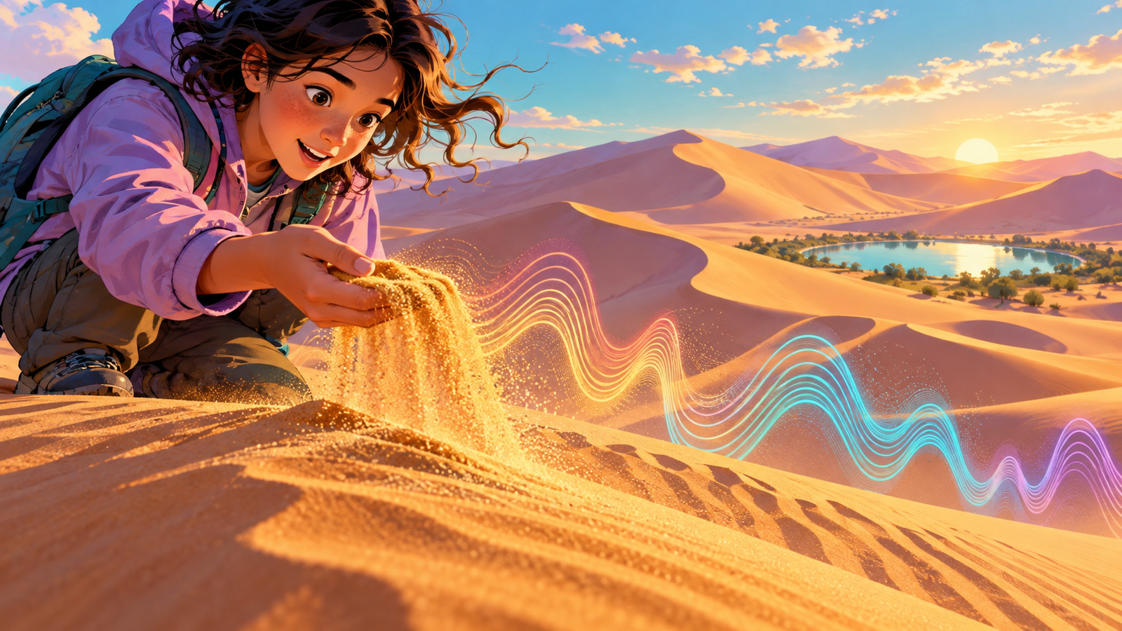 Illustration of wind shaping dunes in a desert
