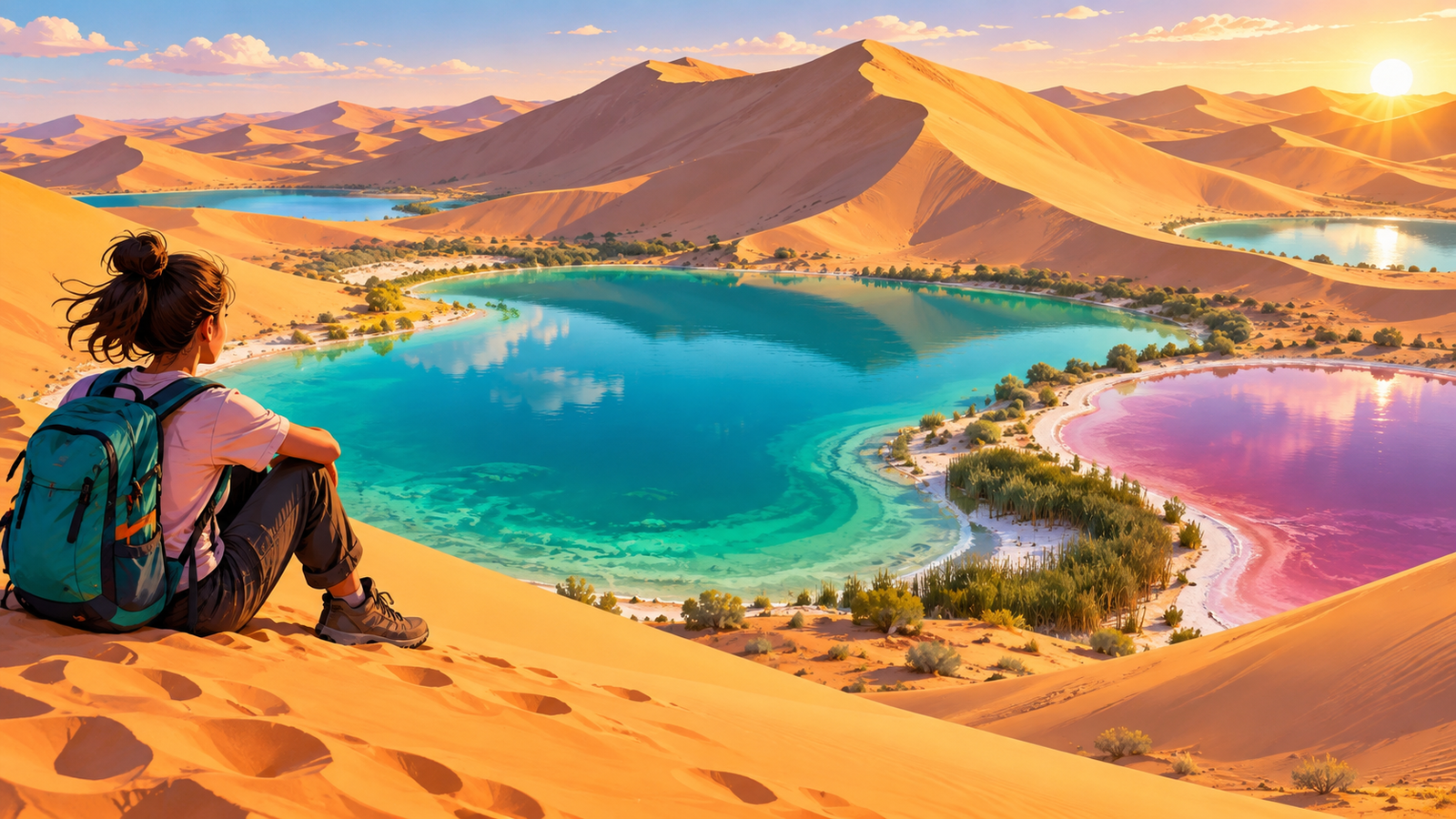 Illustration of lakes among desert dunes