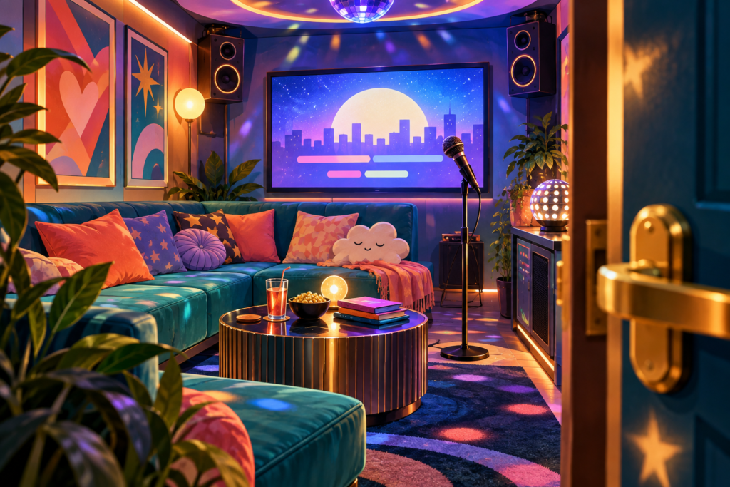 Editorial artwork for “Why sing behind a closed door?”: empty colourful private karaoke room.