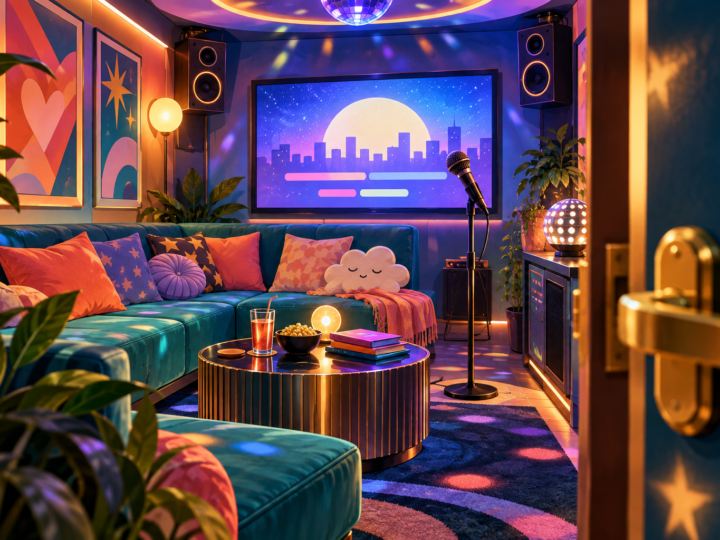 Editorial artwork for “Why sing behind a closed door?”: empty colourful private karaoke room.