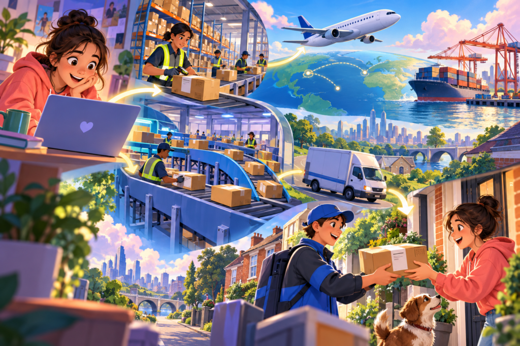 Editorial artwork for “What happens after you press buy?”: parcel route diagram including courier.