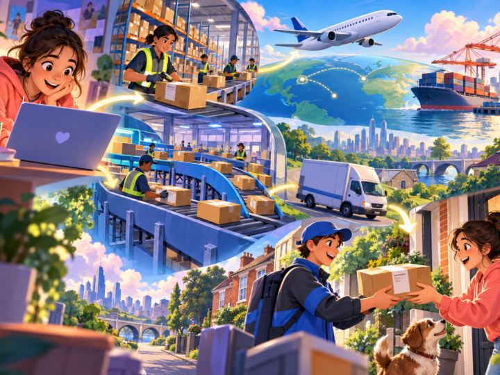 Editorial artwork for “What happens after you press buy?”: parcel route diagram including courier.