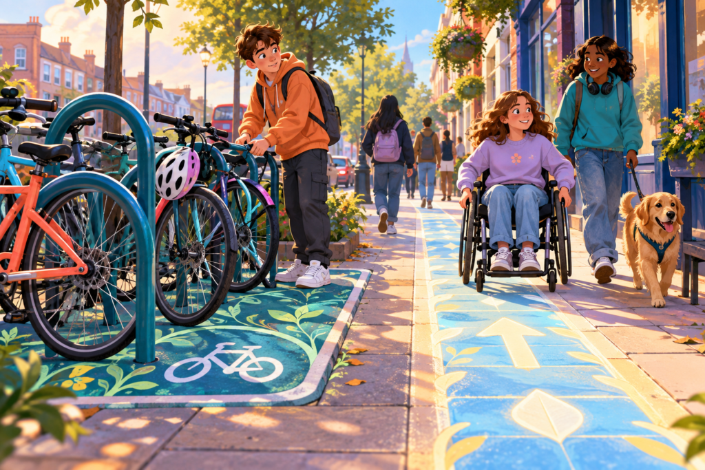 Editorial artwork for “Who owns the pavement after a bike ride?”: pavement scene showing bike parking and accessible route.