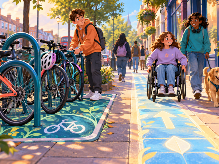 Editorial artwork for “Who owns the pavement after a bike ride?”: pavement scene showing bike parking and accessible route.