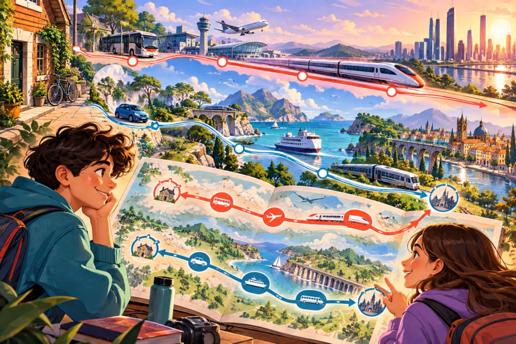 Editorial artwork for “Is the fastest train always the fastest trip?”: door-to-door journey timeline with two fictional routes.