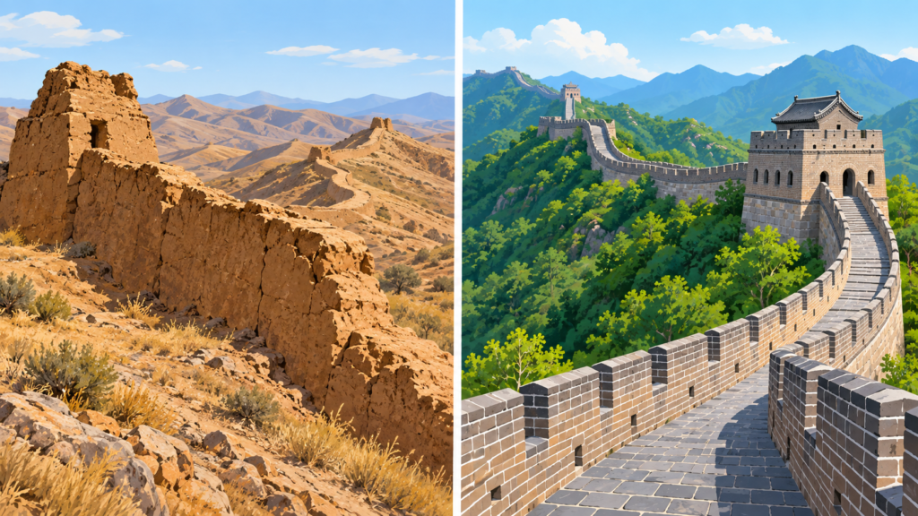 Illustration comparing an earthen wall with a separate brick Great Wall section